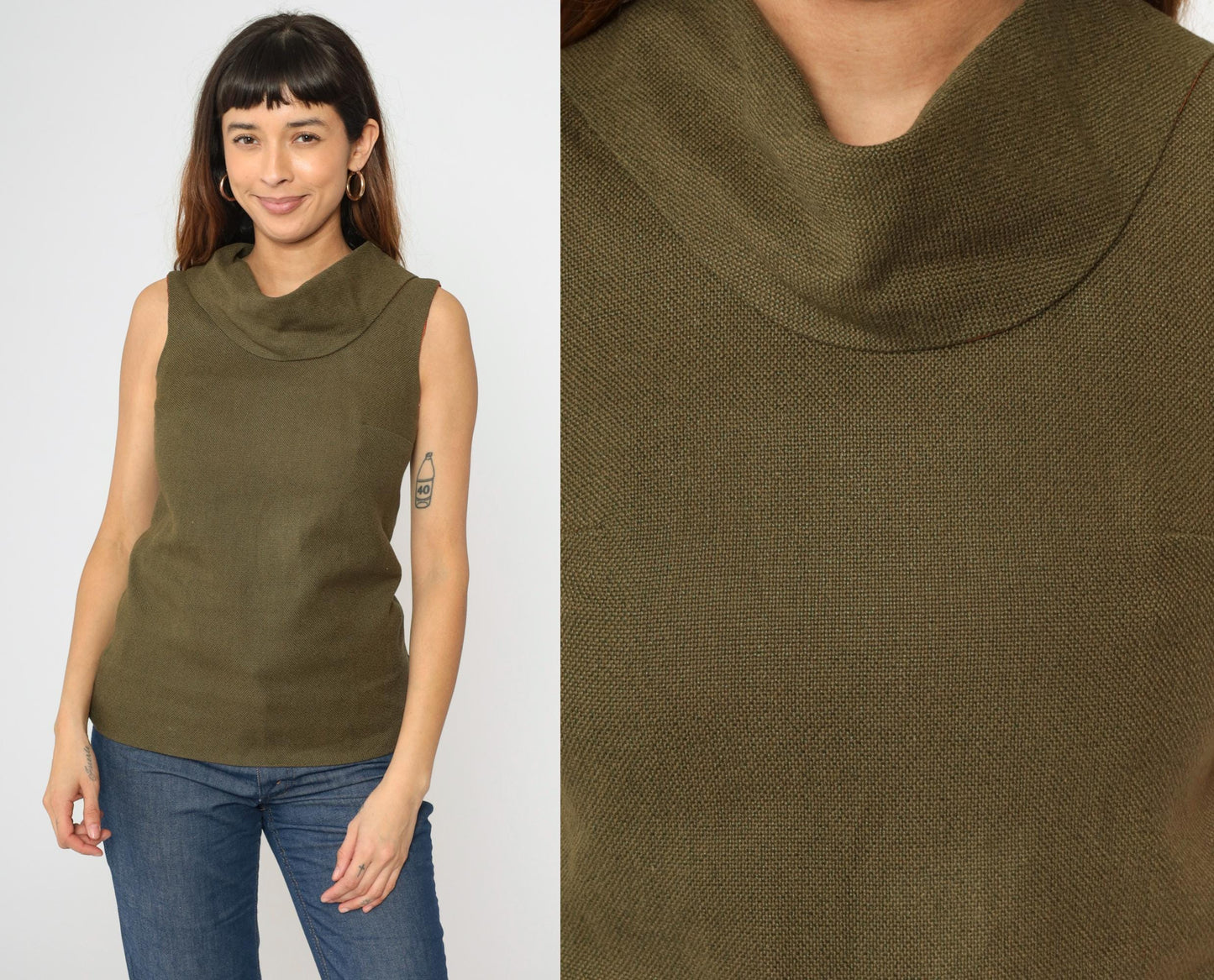 1960s Olive Brown Cowl Neck Sleeveless Woven Blouse Extra Small XS