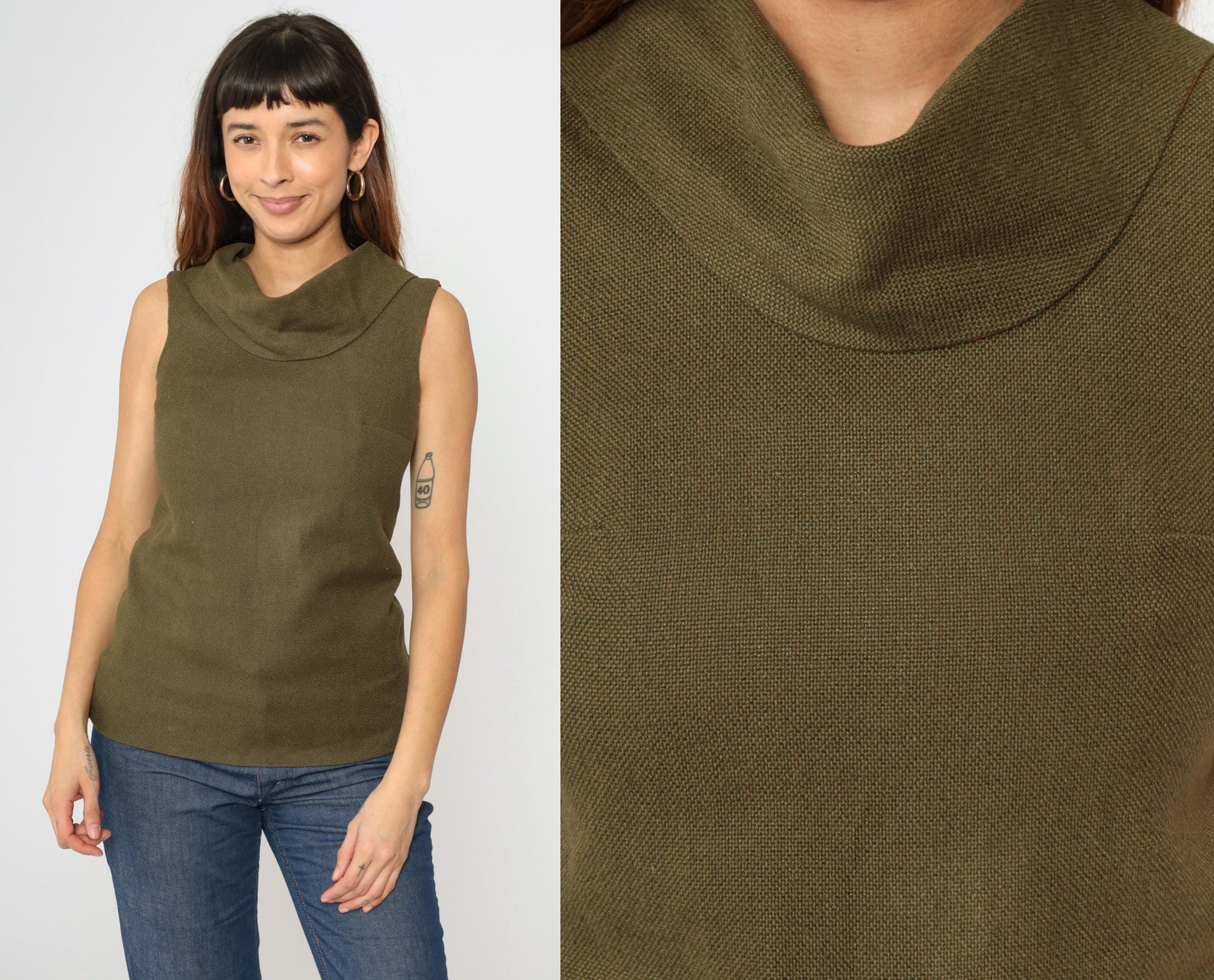 1960s Olive Brown Cowl Neck Sleeveless Woven Blouse Extra Small XS