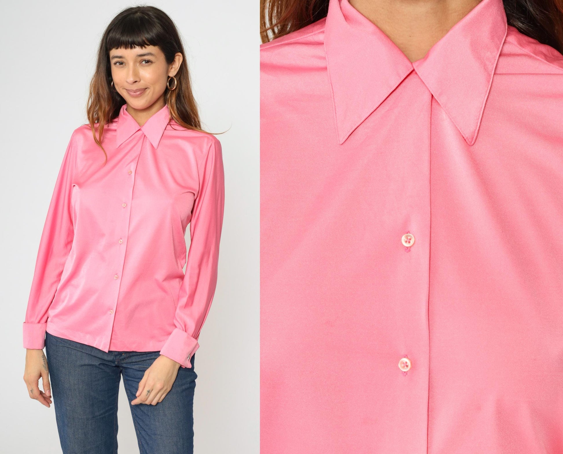 70s Shiny Pink Dagger Collar Button-Up Shirt Long Sleeve Cufflinks Medium M