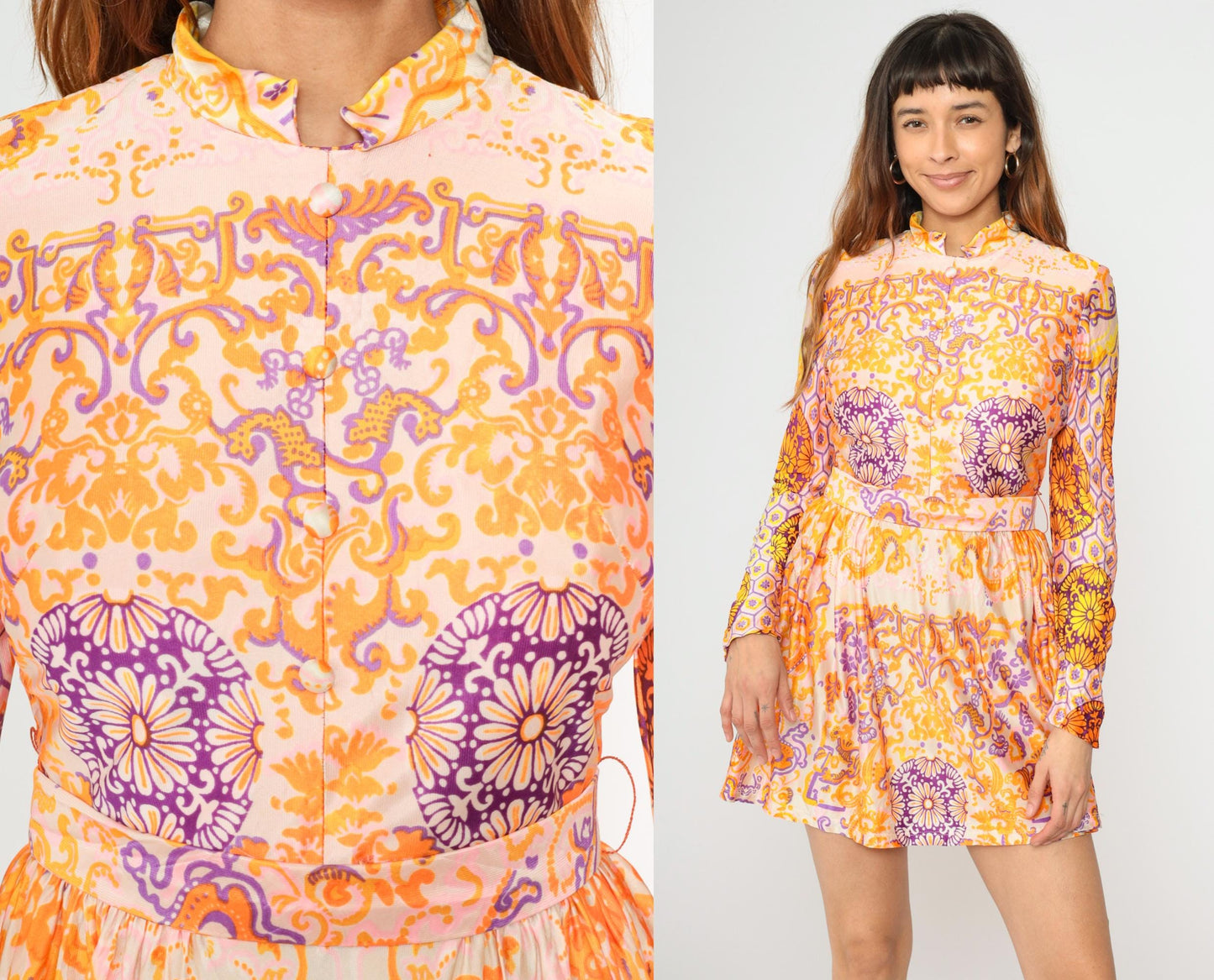 1960s Psychedelic Floral Mini Dress Mandarin Collar Long Sleeve Pink Orange Purple Small
