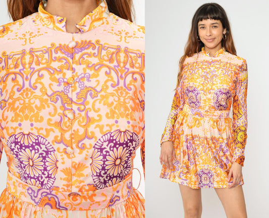 1960s Psychedelic Floral Mini Dress Mandarin Collar Long Sleeve Pink Orange Purple Small