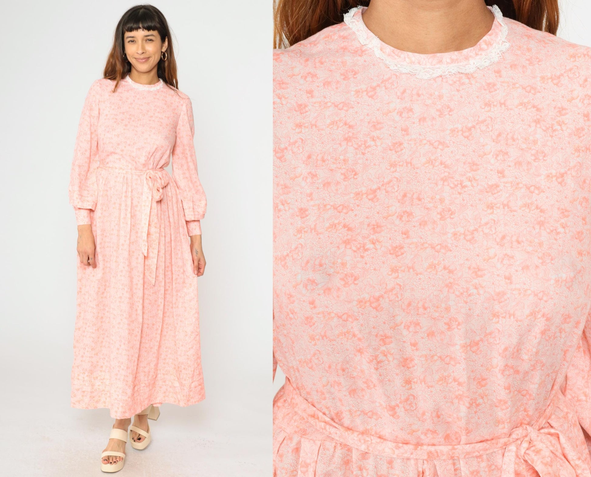 70s Peach Pink Floral Maxi Dress High Waist Long Sleeve Lace Trim Small