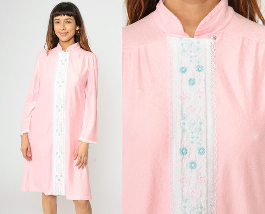 80s Baby Pink Floral Embroidered Nightgown Midi Lace Puff Sleeve Medium M