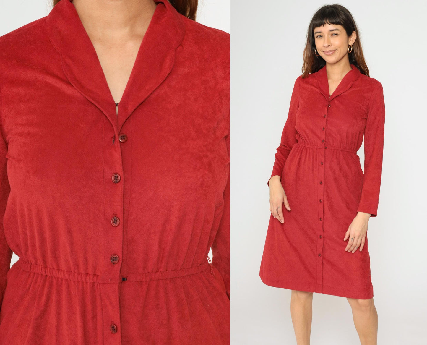70s Red Velour Midi Shirtdress High Waist Button Front Long Sleeve Small