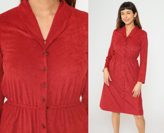 70s Red Velour Midi Shirtdress High Waist Button Front Long Sleeve Small