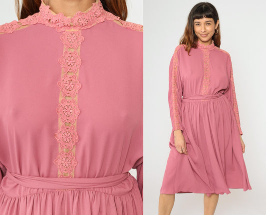 70s Pink Midi Dress Lace Trim Dolman Sleeve High Waisted Belted Medium