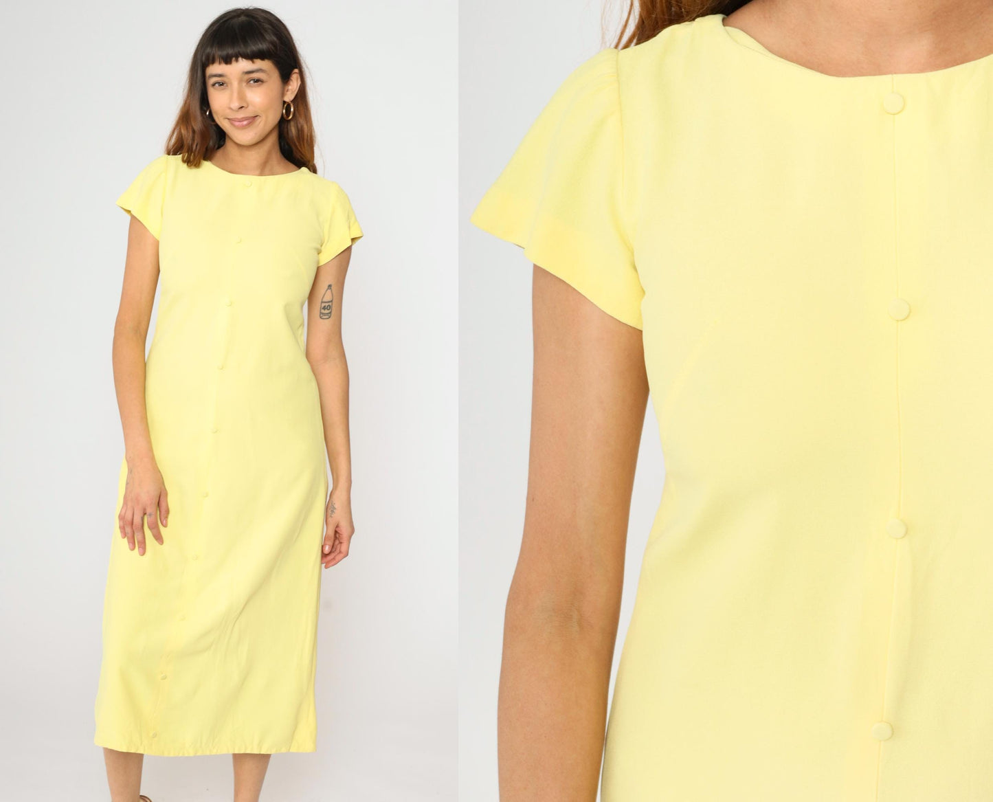 60s Light Yellow A-Line Midi Dress Short Sleeve Decorative Buttons Small