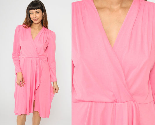 80s Pink Faux Wrap Midi Dress Deep V Puff Sleeve High Waist Extra Large