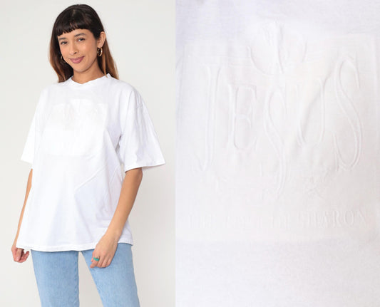 90s Jesus Rose of Sharon Embossed Graphic T-Shirt White Cotton Extra Large XL