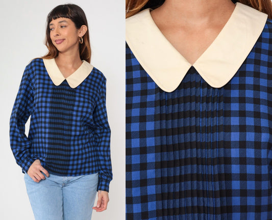 80s Albert Nipon Checkered Blouse Blue Black Gingham Cream Collar Medium