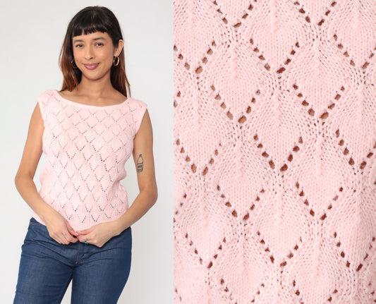 70s Pink Pointelle Knit Sleeveless Vest Wide Neckline Small