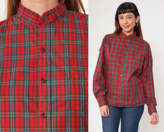 80s Red Plaid Button-Up Blouse Ruffled Collar Long Sleeve Medium M