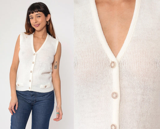 80s White Knit Sweater Vest V-Neck Button-Up Sleeveless Small S
