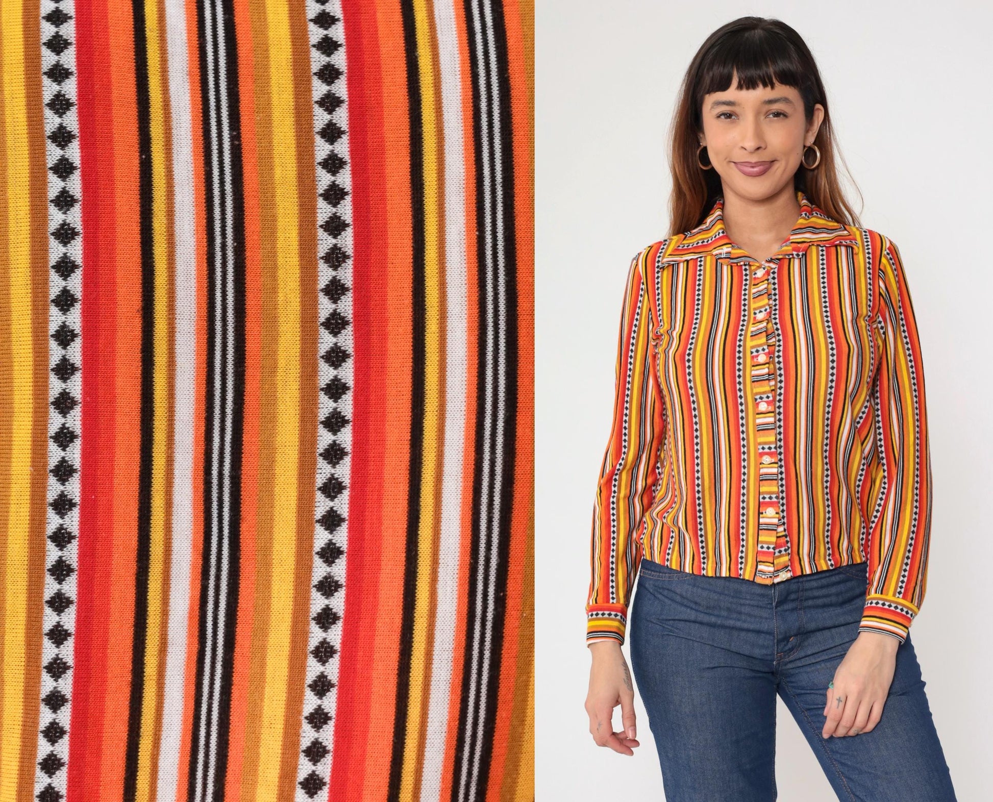 70s Orange Yellow Red Striped Button-Up Shirt Dagger Collar Long Sleeve Small
