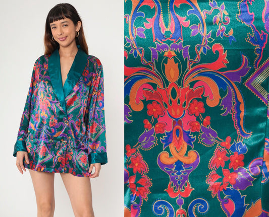 90s Victoria's Secret Teal Satin Pajama Top Baroque Floral Double Breasted Medium