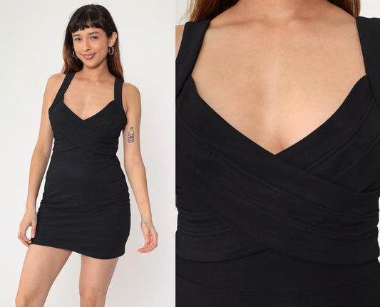 90s Y2K Black Bodycon Mini Dress Sleeveless V-Neck Layered Medium