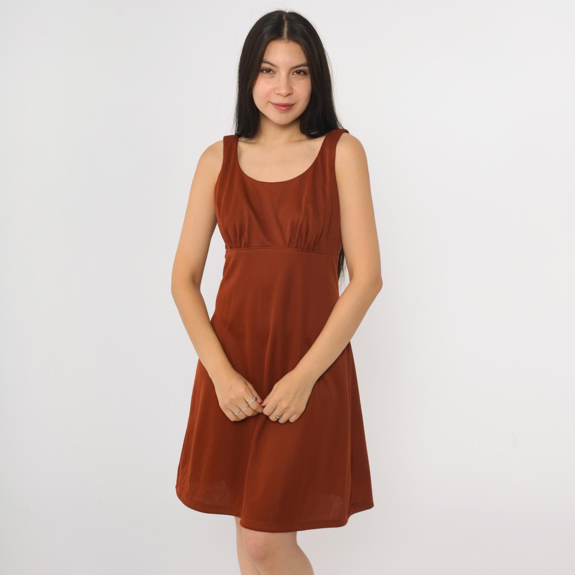 1970s Rust Brown Babydoll Mini Dress Empire Waist Scoop Neck Sleeveless Small