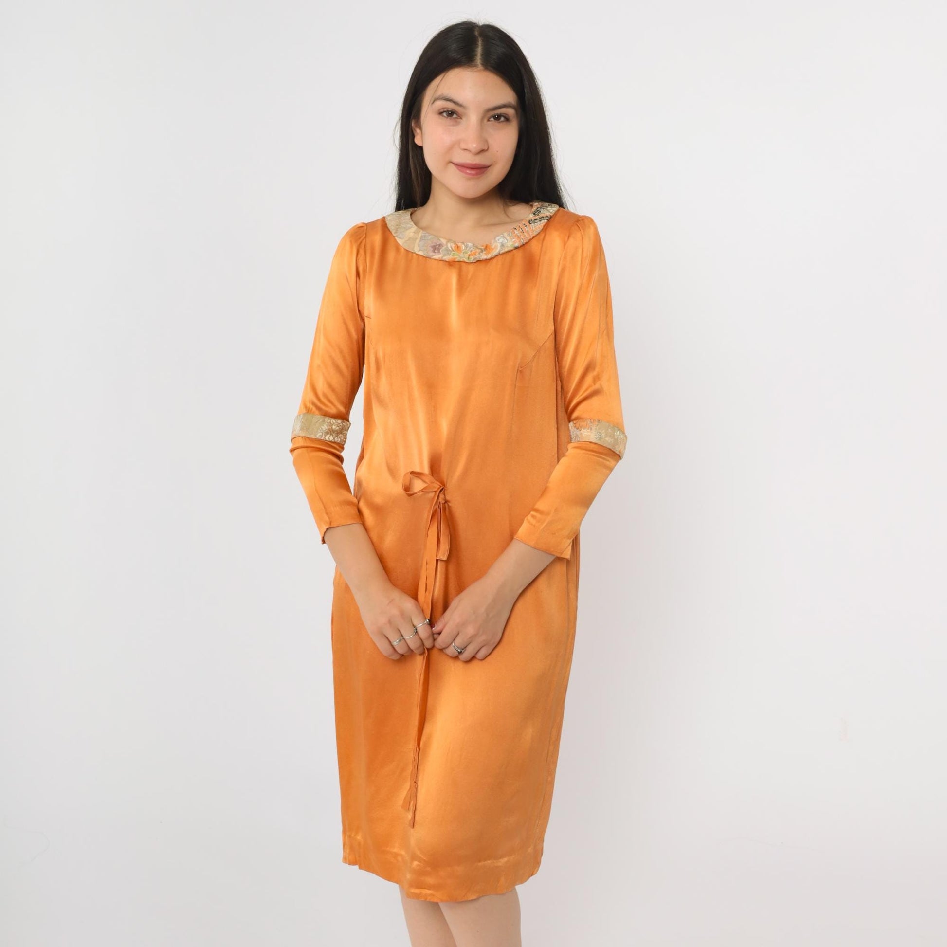 70s Orange Satin Midi Dress Floral Brocade Trim Tie Waist Puff Sleeve Small