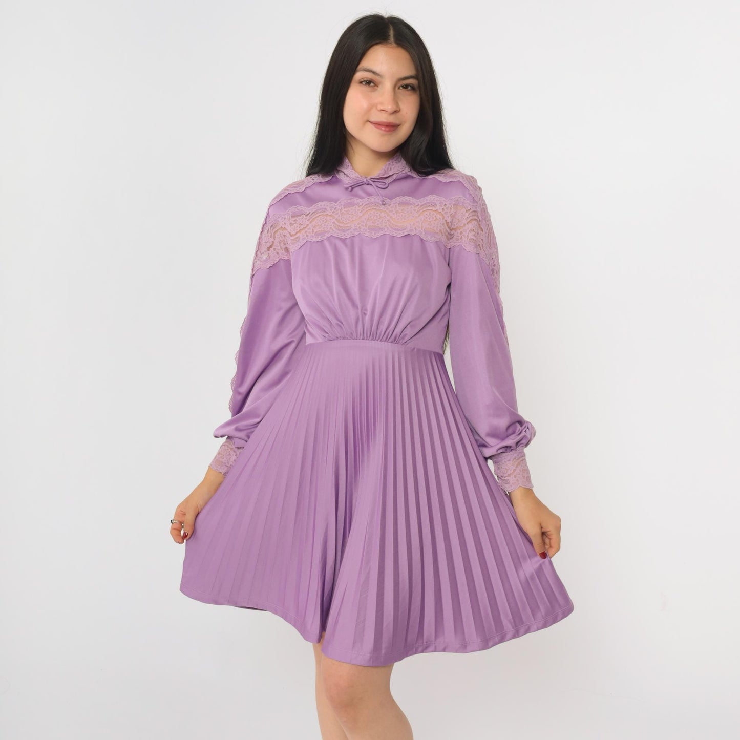 70s Purple Lace Mini Dress High Waist Pleated Long Sleeve Bow Neckline Extra Small