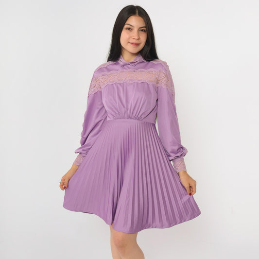 70s Purple Lace Mini Dress High Waist Pleated Long Sleeve Bow Neckline Extra Small