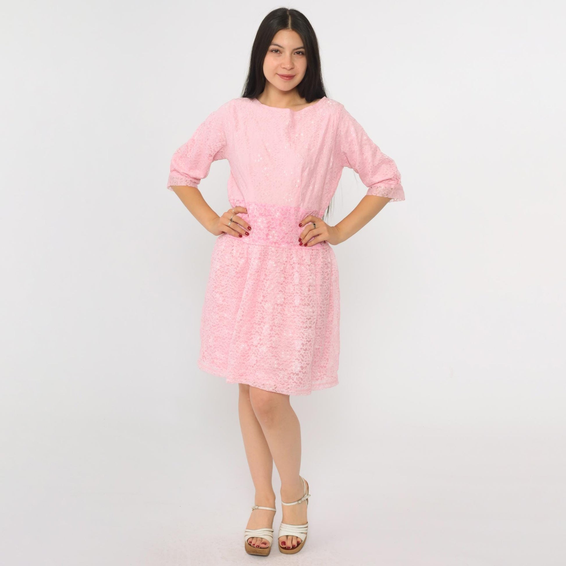 80s Baby Pink Lace Mini Dress Drop Waist Half Sleeve Gathered Skirt Medium M