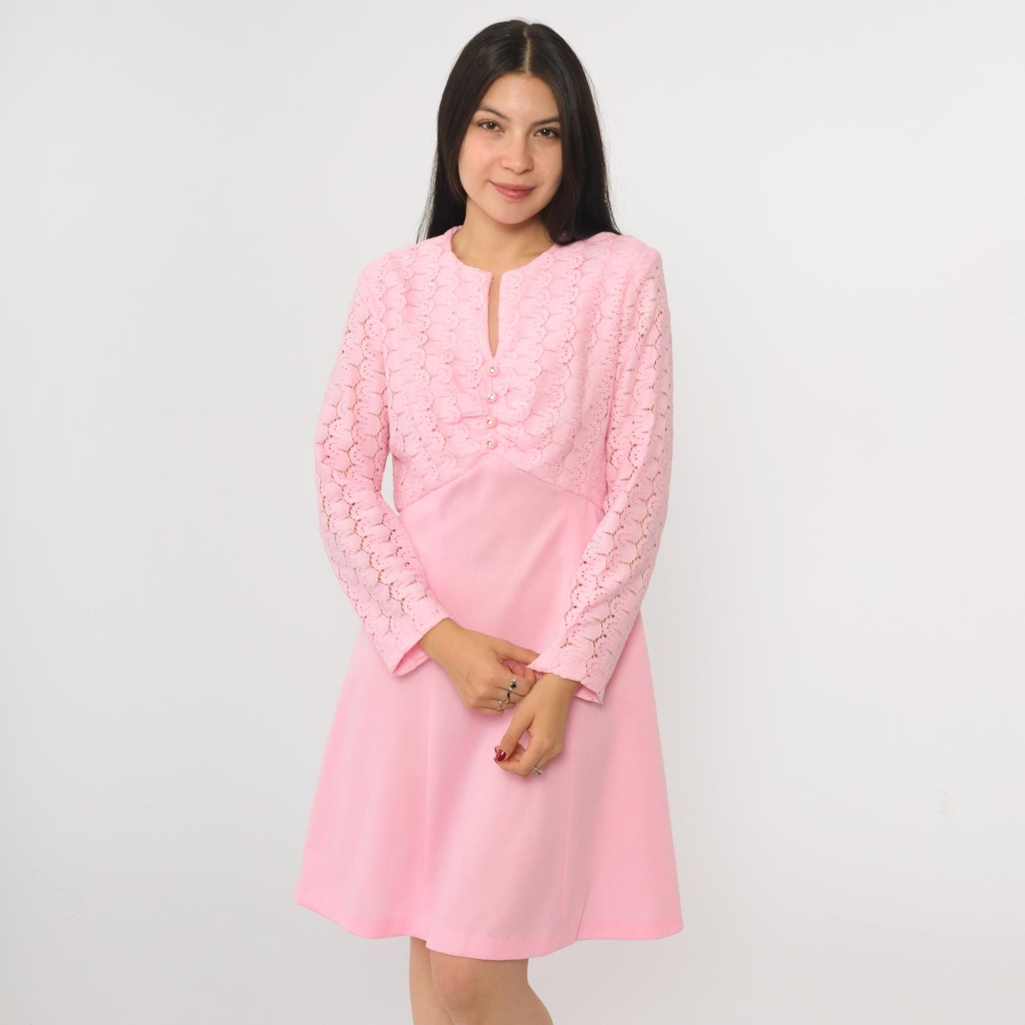 70s Baby Pink Lace Mini Dress Rhinestone Buttons High Waist Long Sleeve Medium M
