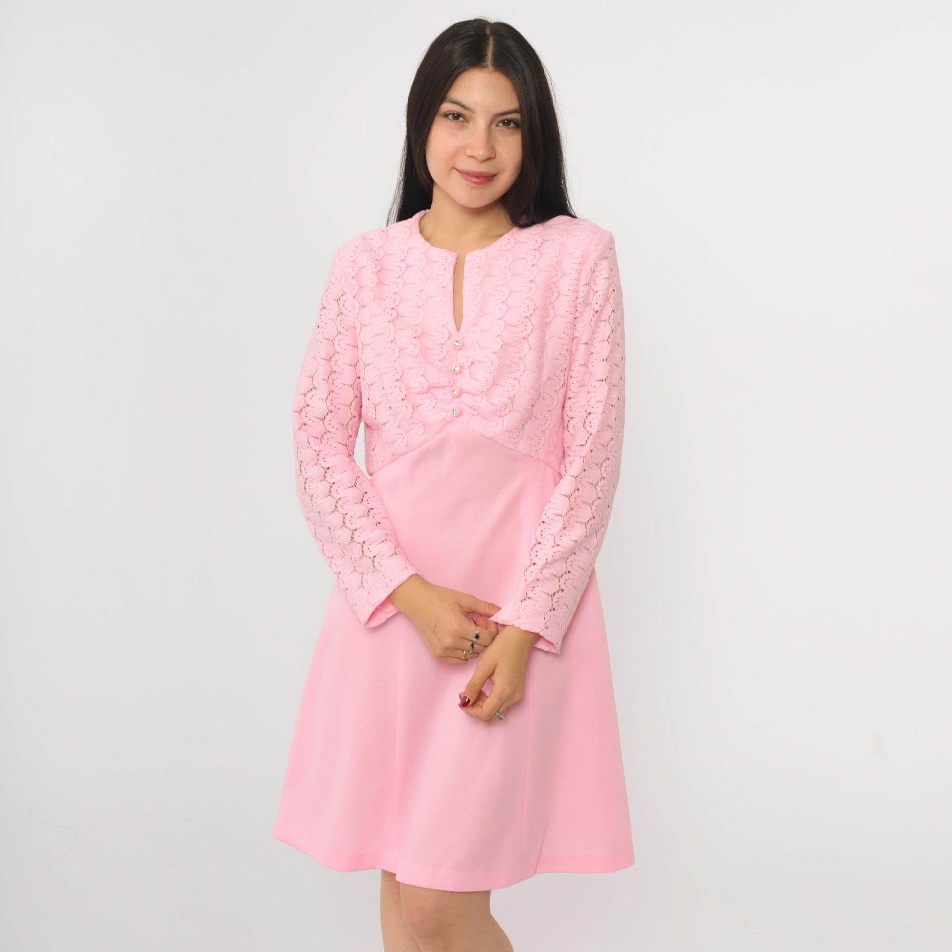 70s Baby Pink Lace Mini Dress Rhinestone Buttons High Waist Long Sleeve Medium M