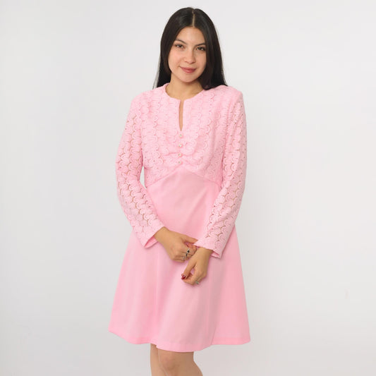 70s Baby Pink Lace Mini Dress Rhinestone Buttons High Waist Long Sleeve Medium M