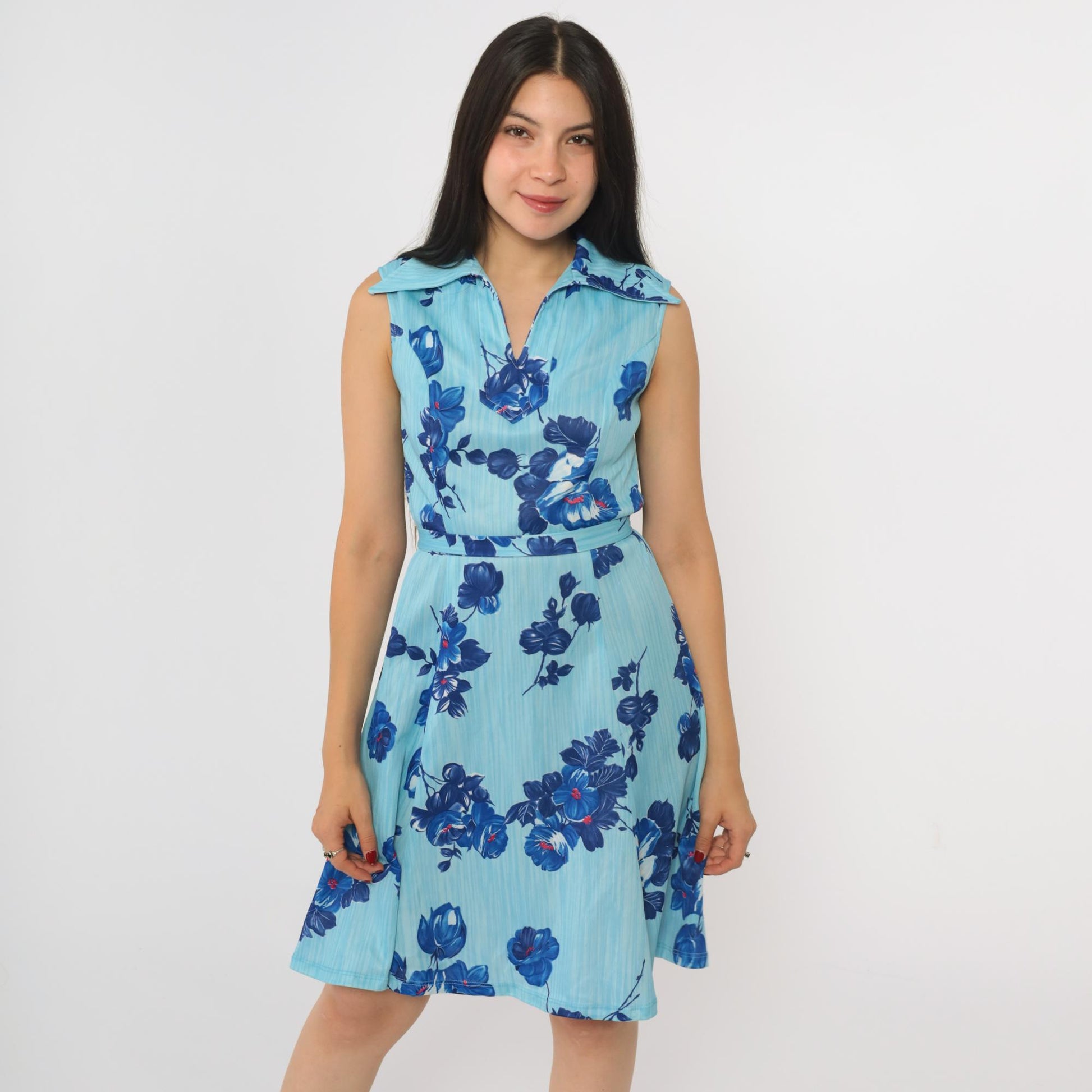 70s Mod Floral Mini Dress Two-Tone Blue A-Line Shift Sleeveless Small
