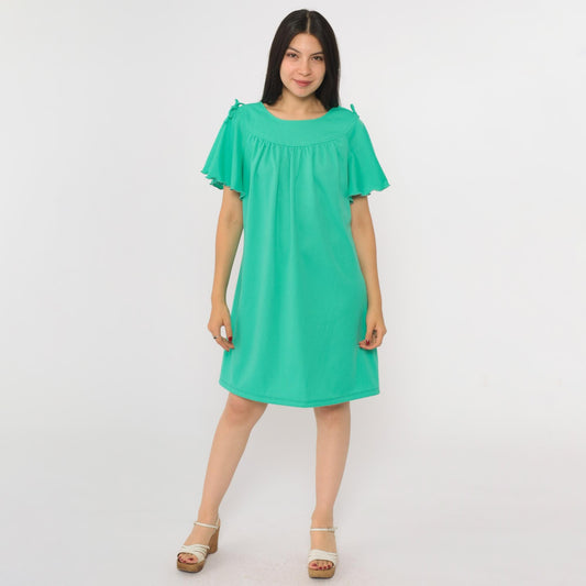 70s Green Flutter Sleeve Mini Dress Tent Cut Lettuce Edge Large L