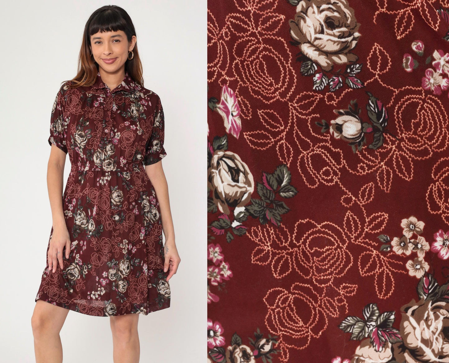 70s Maroon Floral Mini Dress High Waist Puff Sleeve Button Up Small Medium