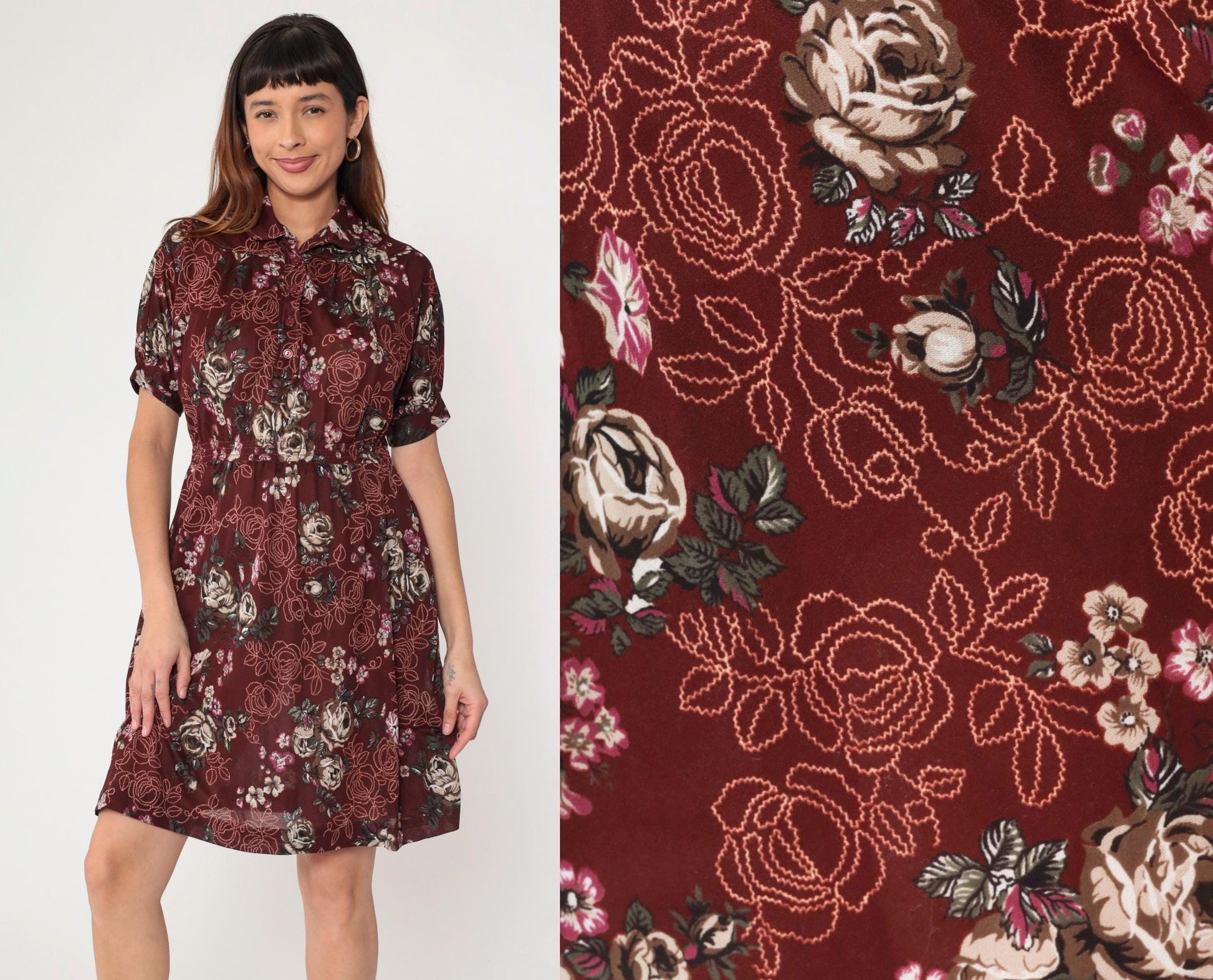 70s Maroon Floral Mini Dress High Waist Puff Sleeve Button Up Small Medium