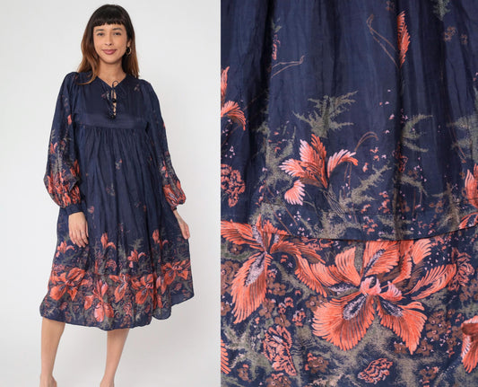 70s Phool Silk Dress Navy Blue Floral Block Print Empire Waist Midi Small