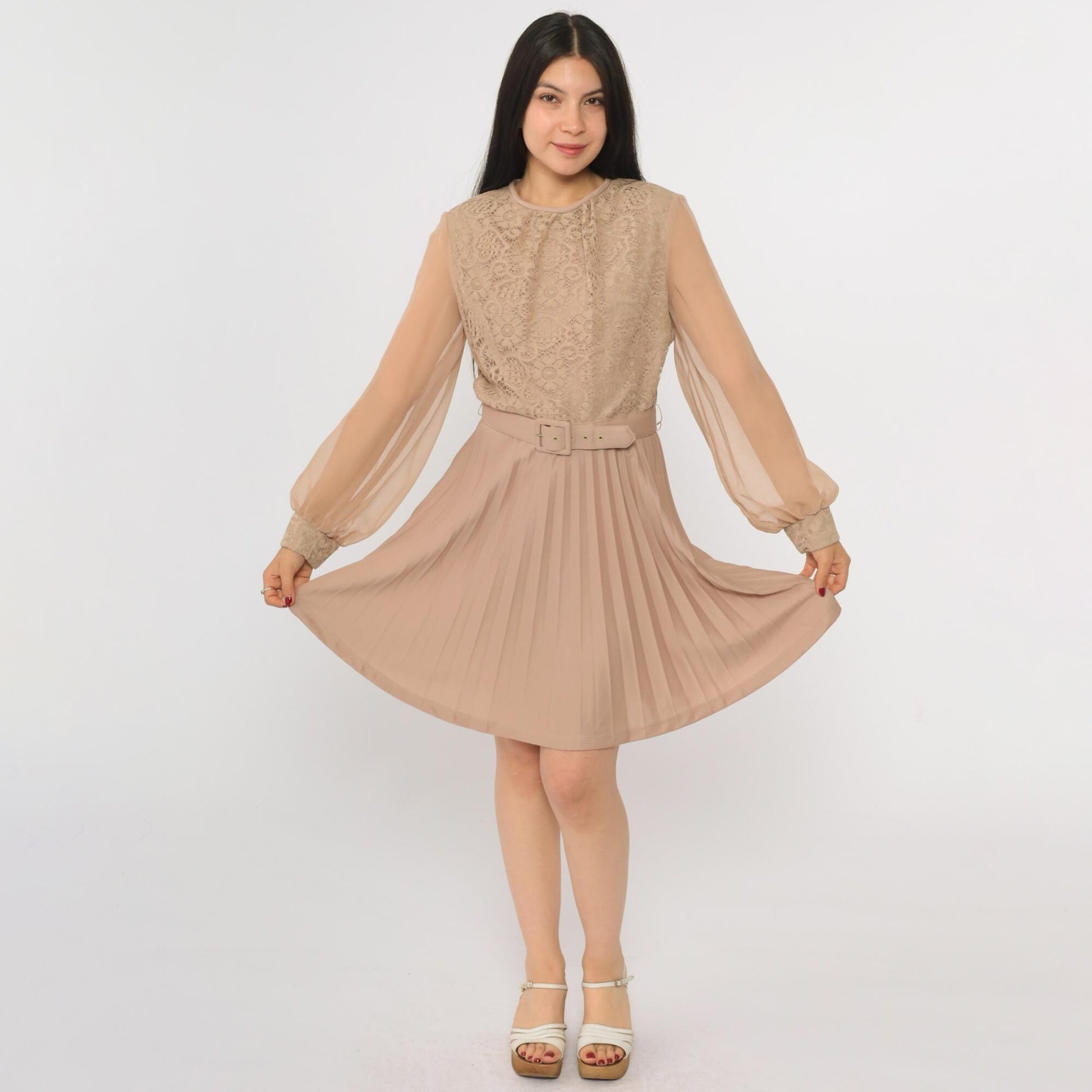 70s Taupe Lace Crochet Mini Dress High Waist Pleated Chiffon Sleeve Small