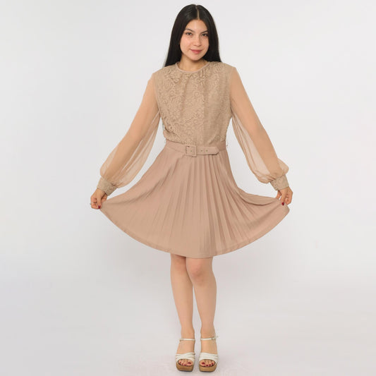 70s Taupe Lace Crochet Mini Dress High Waist Pleated Chiffon Sleeve Small