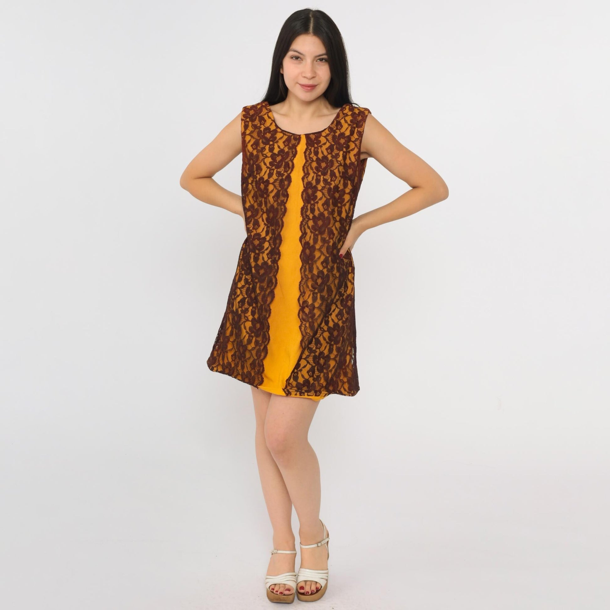 60s Orange Lace Cocktail Dress Shift Sleeveless Mini Small S