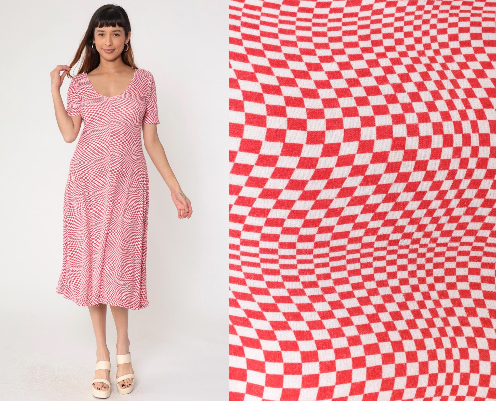 80s Op Art Red White Checkered Midi Dress Scoop Neck Fit Flare Medium Large