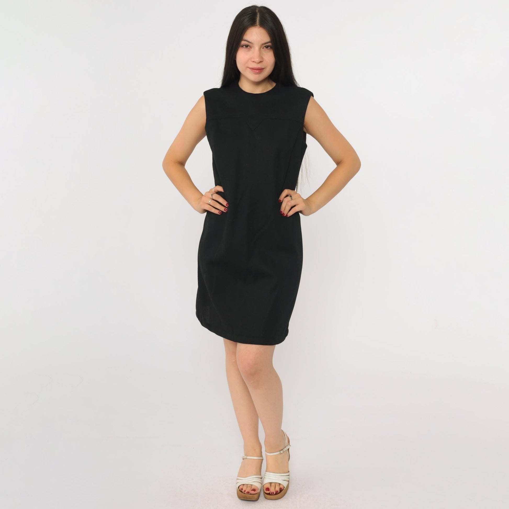 70s Bleeker Street Black Wool Blend Sleeveless Shift Mini Dress Small