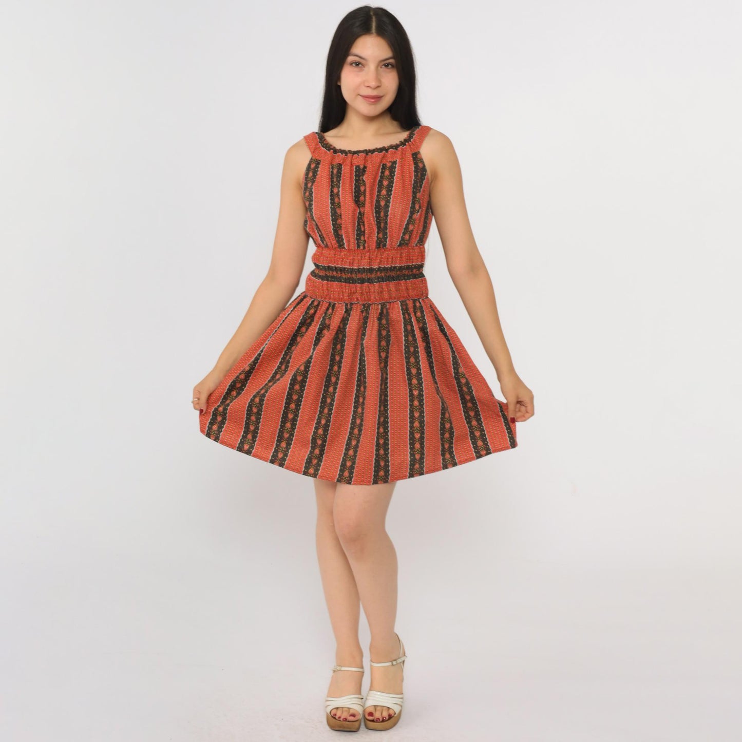 70s Heart Print Striped Peasant Dress Red Black Mini Sleeveless Small S