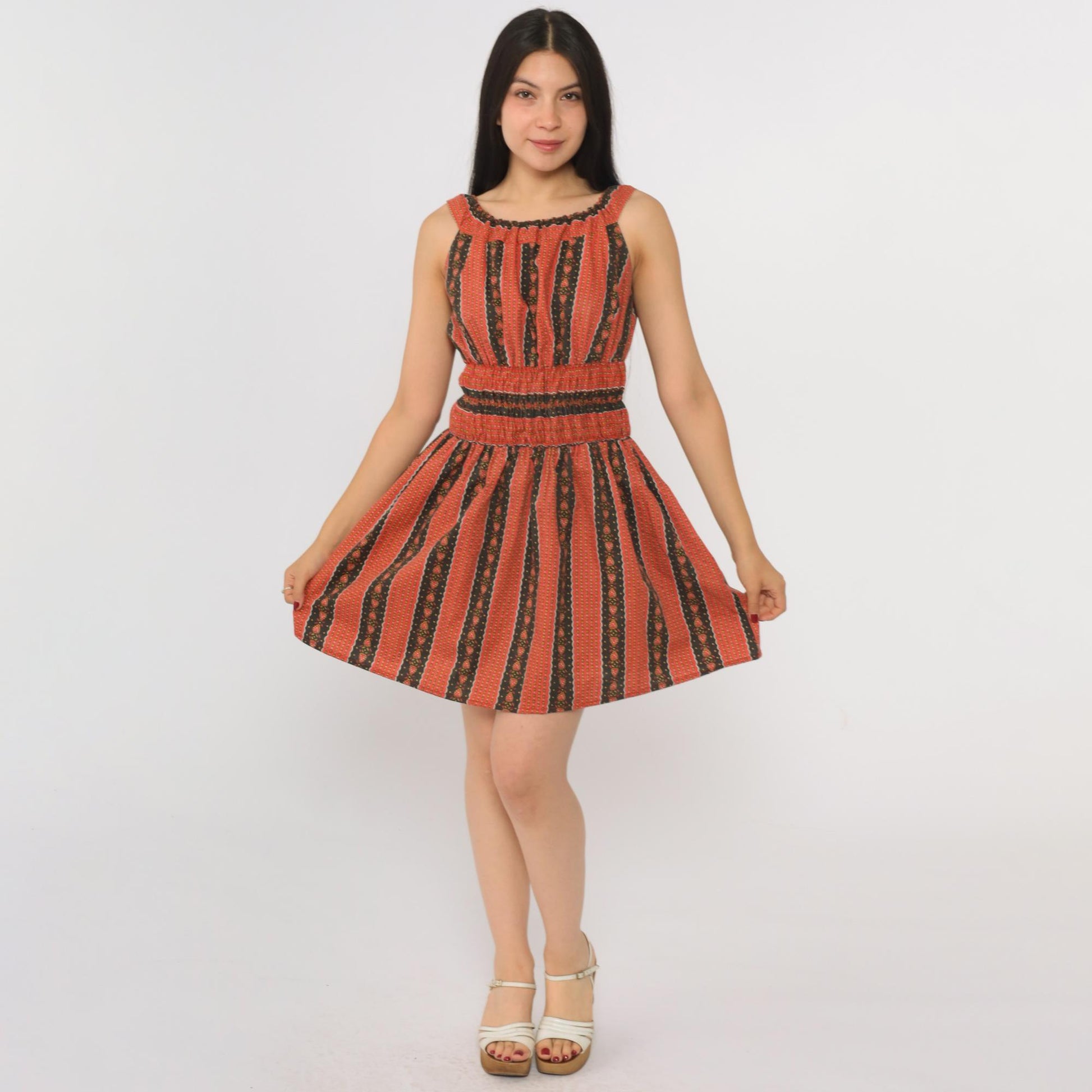 70s Heart Print Striped Peasant Dress Red Black Mini Sleeveless Small S