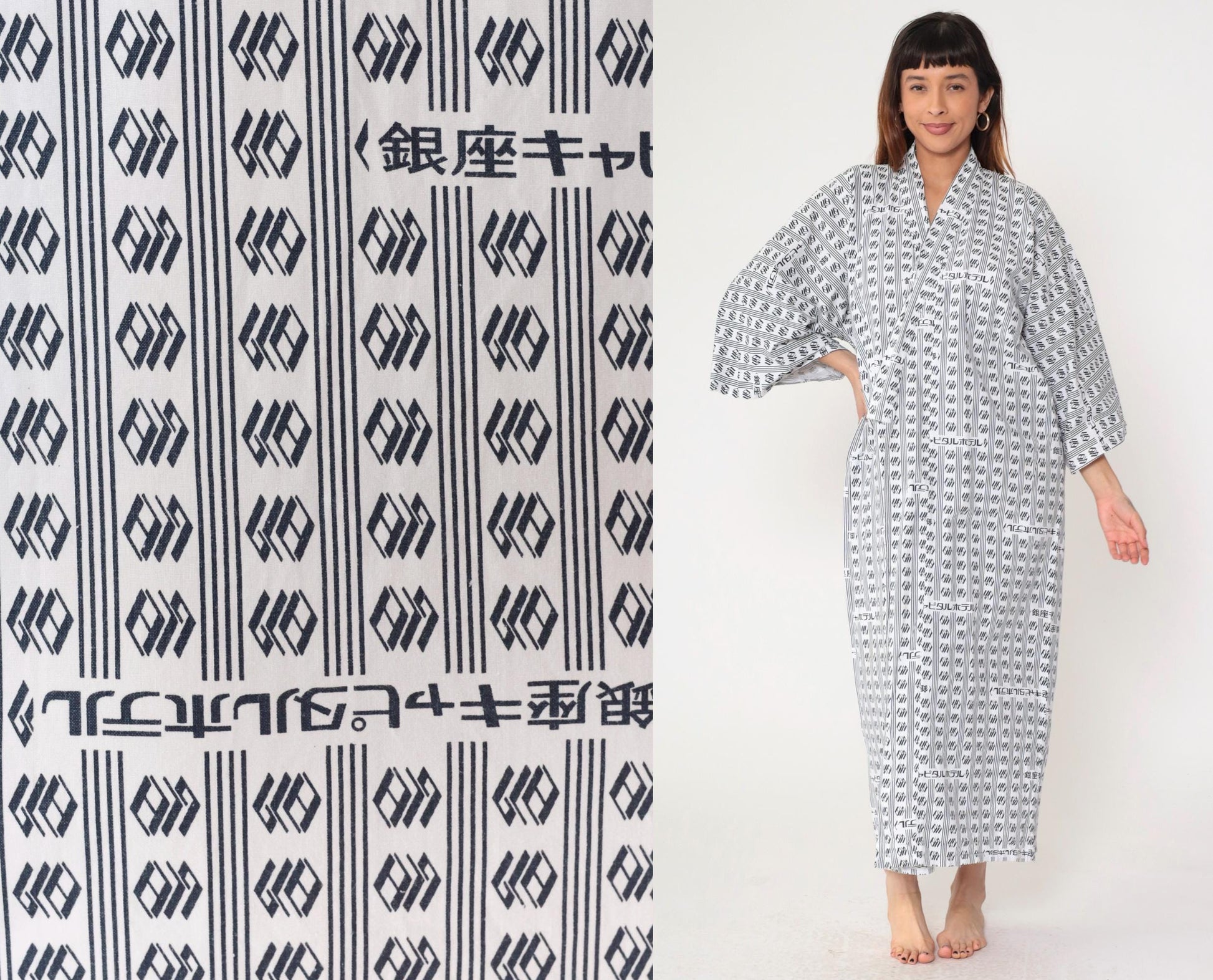 80s Japanese Yukata Robe Hotel Logo Print Blue White Geometric Maxi One Size