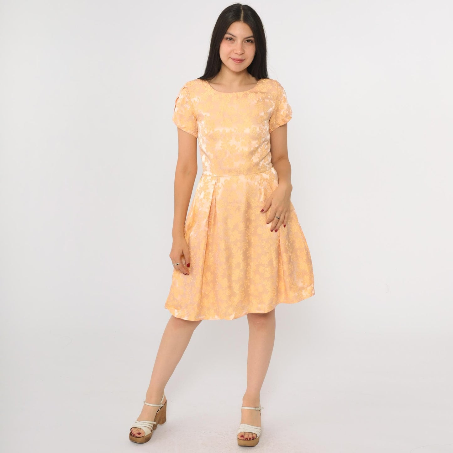 1960s Peach Yellow Floral Jacquard Party Dress Tulip Sleeve Mini Extra Small