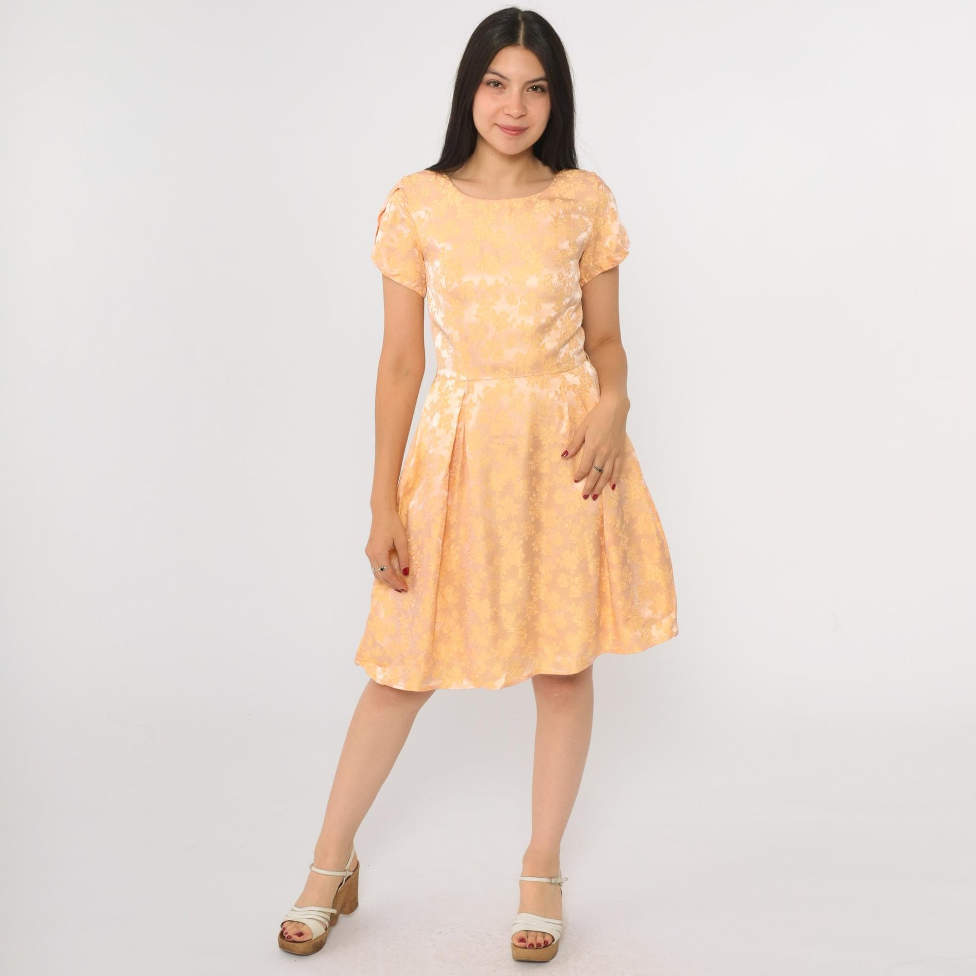 1960s Peach Yellow Floral Jacquard Party Dress Tulip Sleeve Mini Extra Small