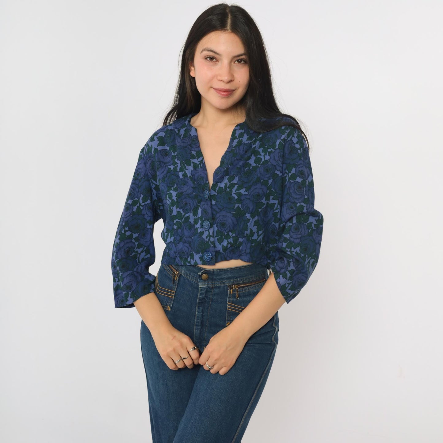 60s Floral Cropped Blouse Dark Blue Button-Up Collar Shirt 3/4 Sleeve Medium M