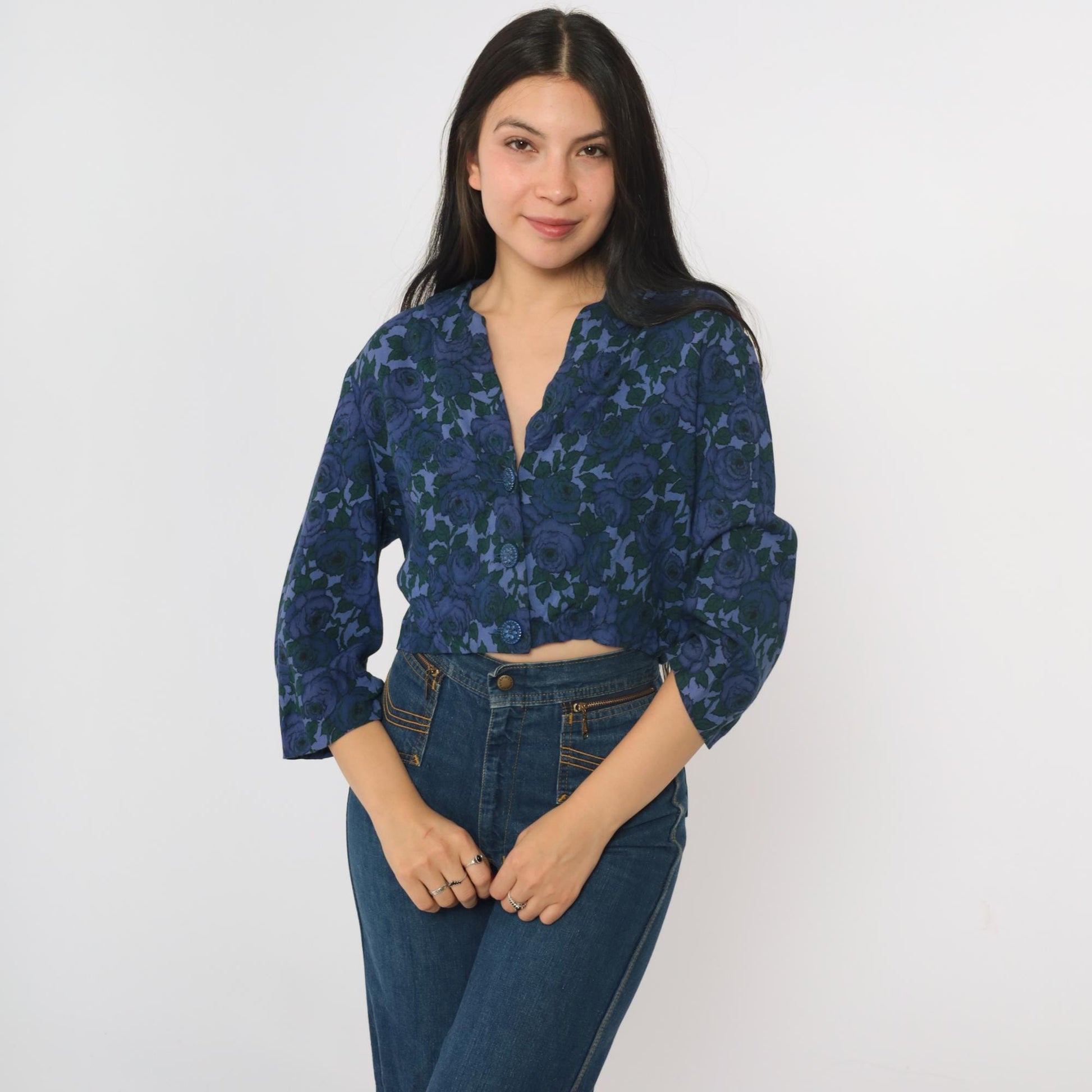 60s Floral Cropped Blouse Dark Blue Button-Up Collar Shirt 3/4 Sleeve Medium M