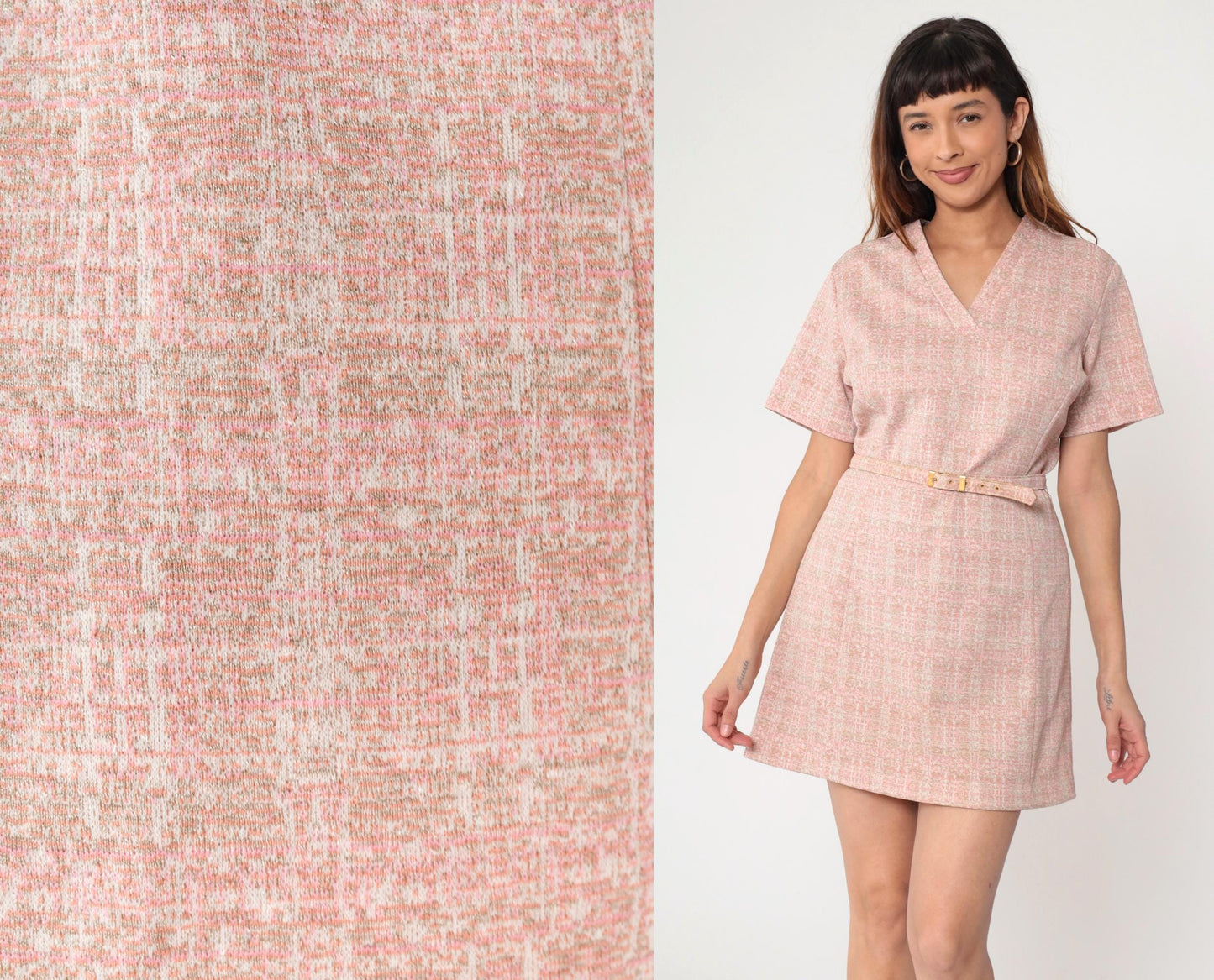 70s Mod Mini Dress Pink Checkered Shift V-Neck Belted Short Sleeve Medium M