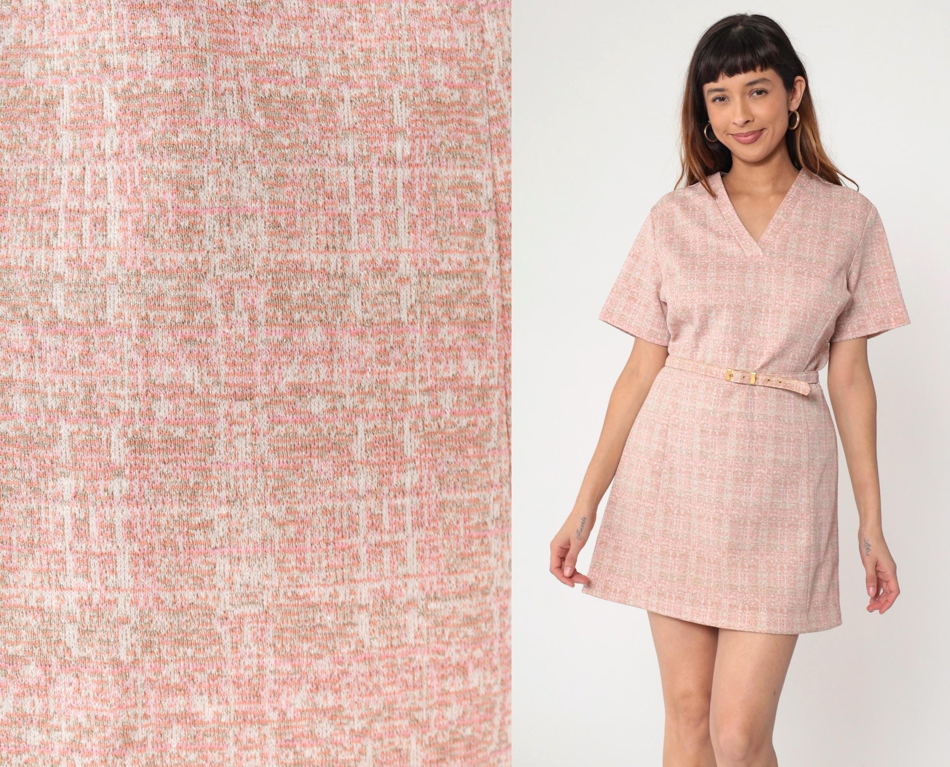 70s Mod Mini Dress Pink Checkered Shift V-Neck Belted Short Sleeve Medium M
