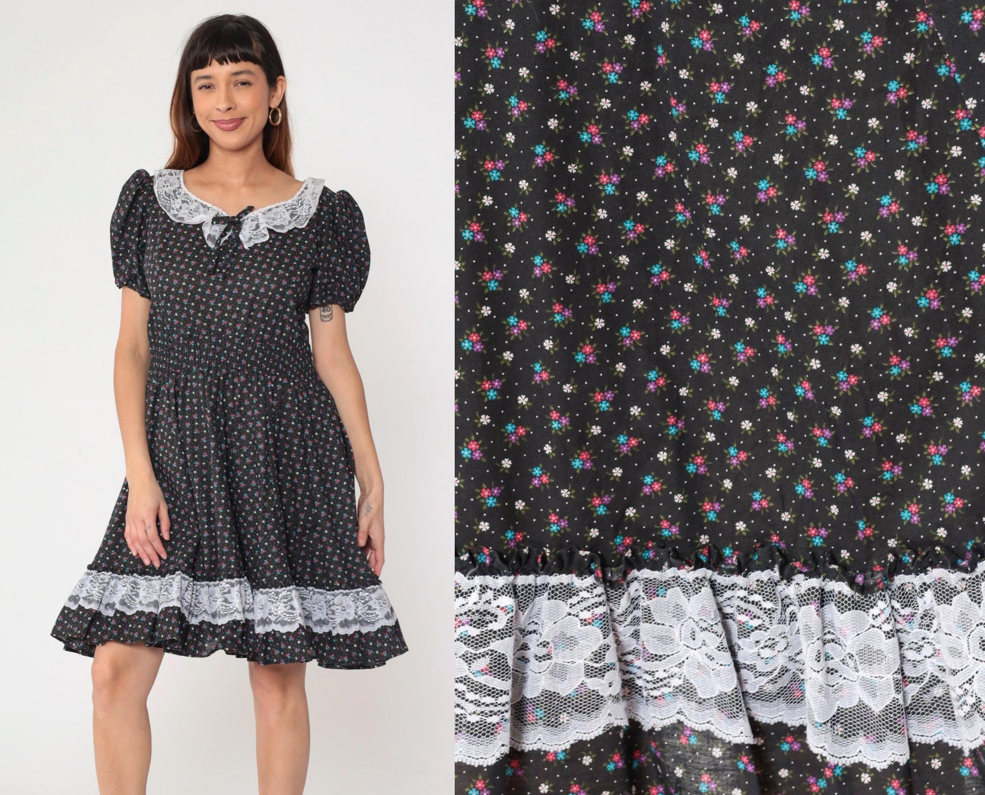 70s Black Calico Floral Prairie Dress Puff Sleeve High Waist Mini Small Medium