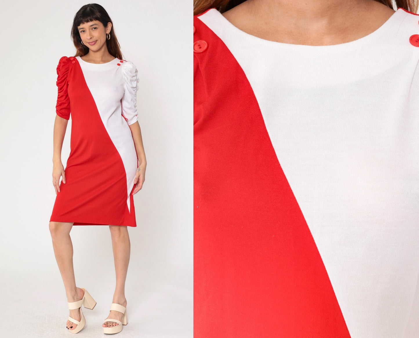 80s Color Block Red White Knee-Length Dress Puff Sleeve Sheath Small
