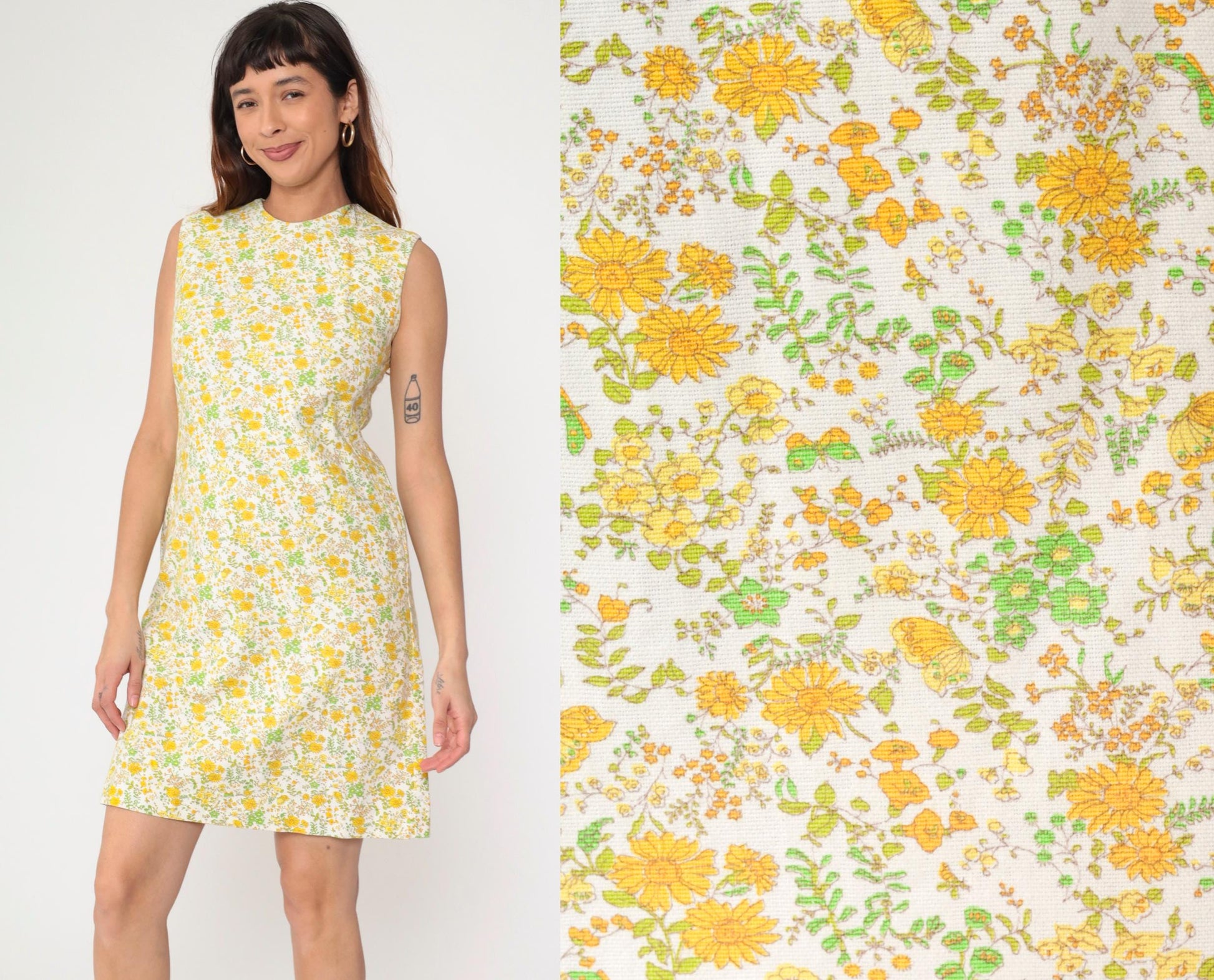 1960s Floral Butterfly Mini Dress White Yellow Sleeveless Sheath Small S
